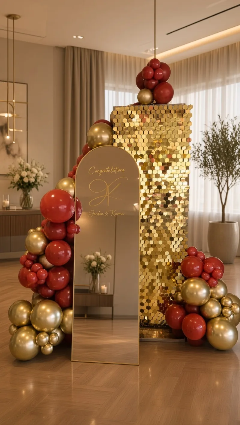 Gold shimmer wall and personalised mirror balloon display