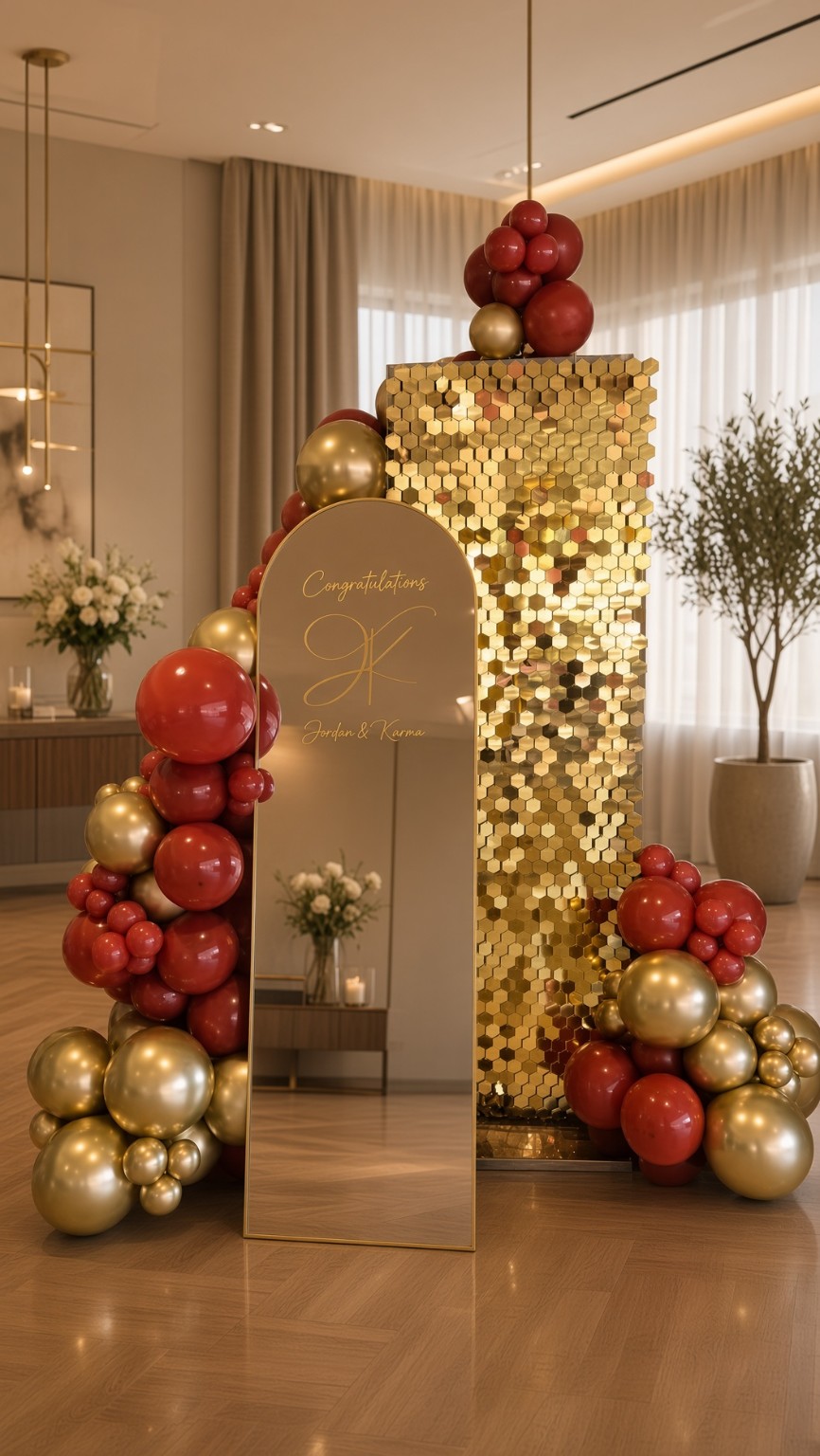Gold shimmer wall and personalised mirror balloon display