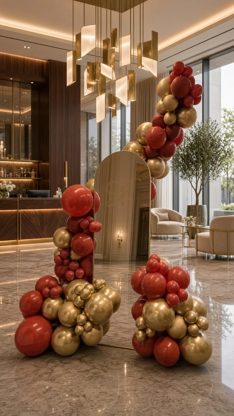 Arched selfie mirror wall with burgundy and gold balloon styling