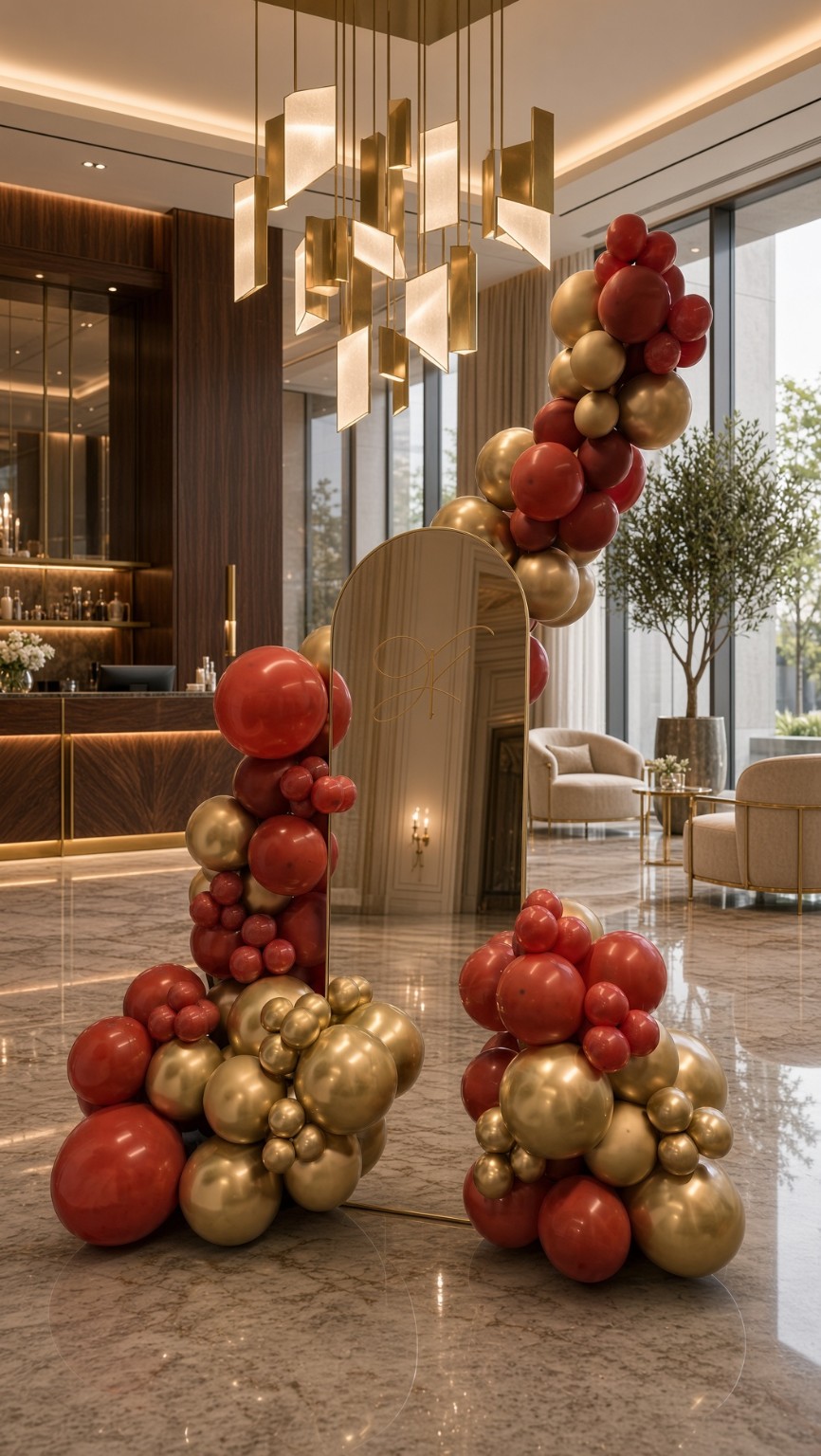 Arched selfie mirror wall with burgundy and gold balloon styling