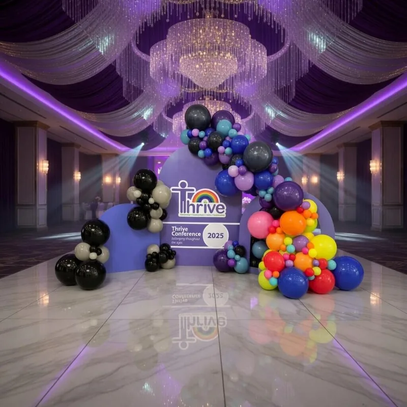 Purple Thrive Conference display with rainbow balloons in a chandelier-lit ballroom