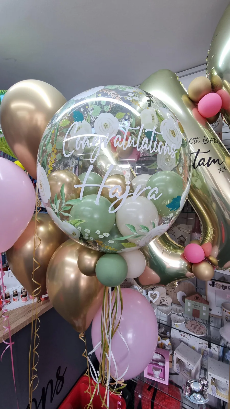 Congratulations - 24 Inch Personalised Balloon In Eucalyptus Green, White Sand and Gold