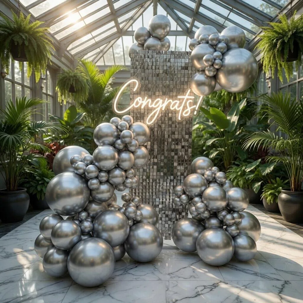 Large mirror balloon display with neon sign