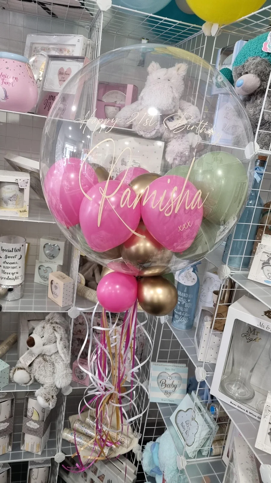 Happy Birthday - 24 Inch Personalised Balloon In Eucalyptus Green, Gold and bright pink