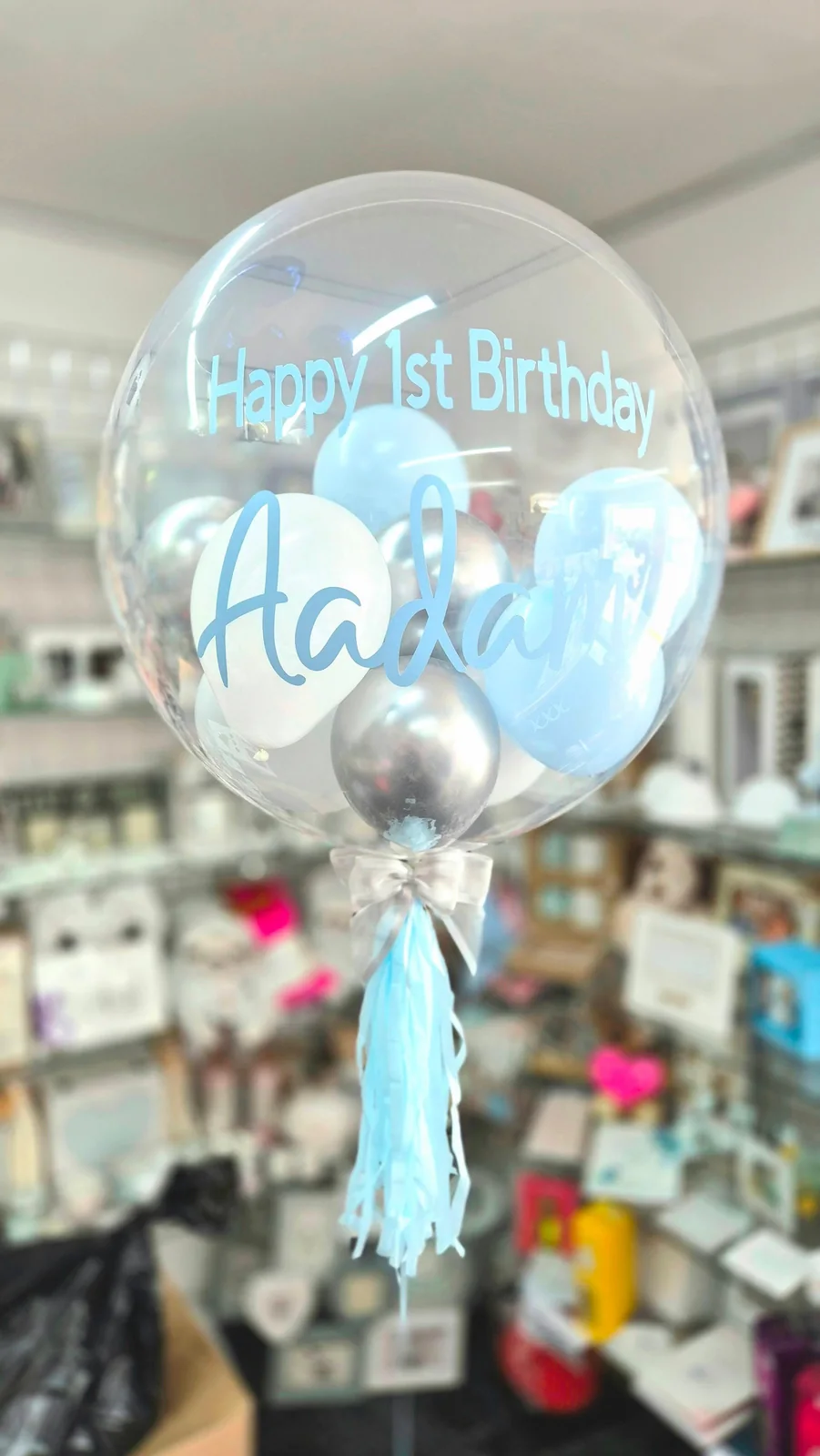 Happy Birthday 24 Inch Personalised Balloon In Light Blues