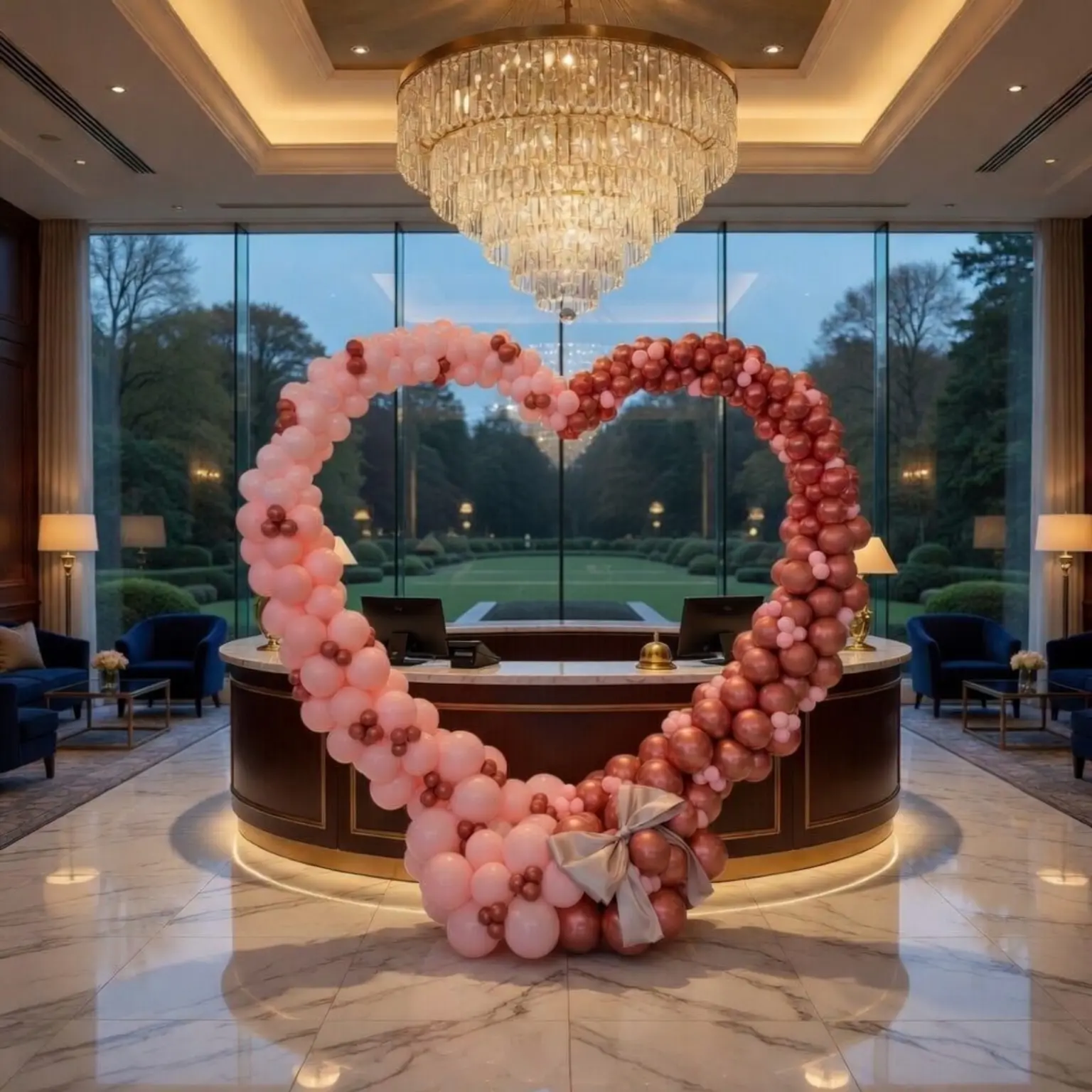 Heart-shaped balloon arch in blush pink and rose gold with a bow at the base