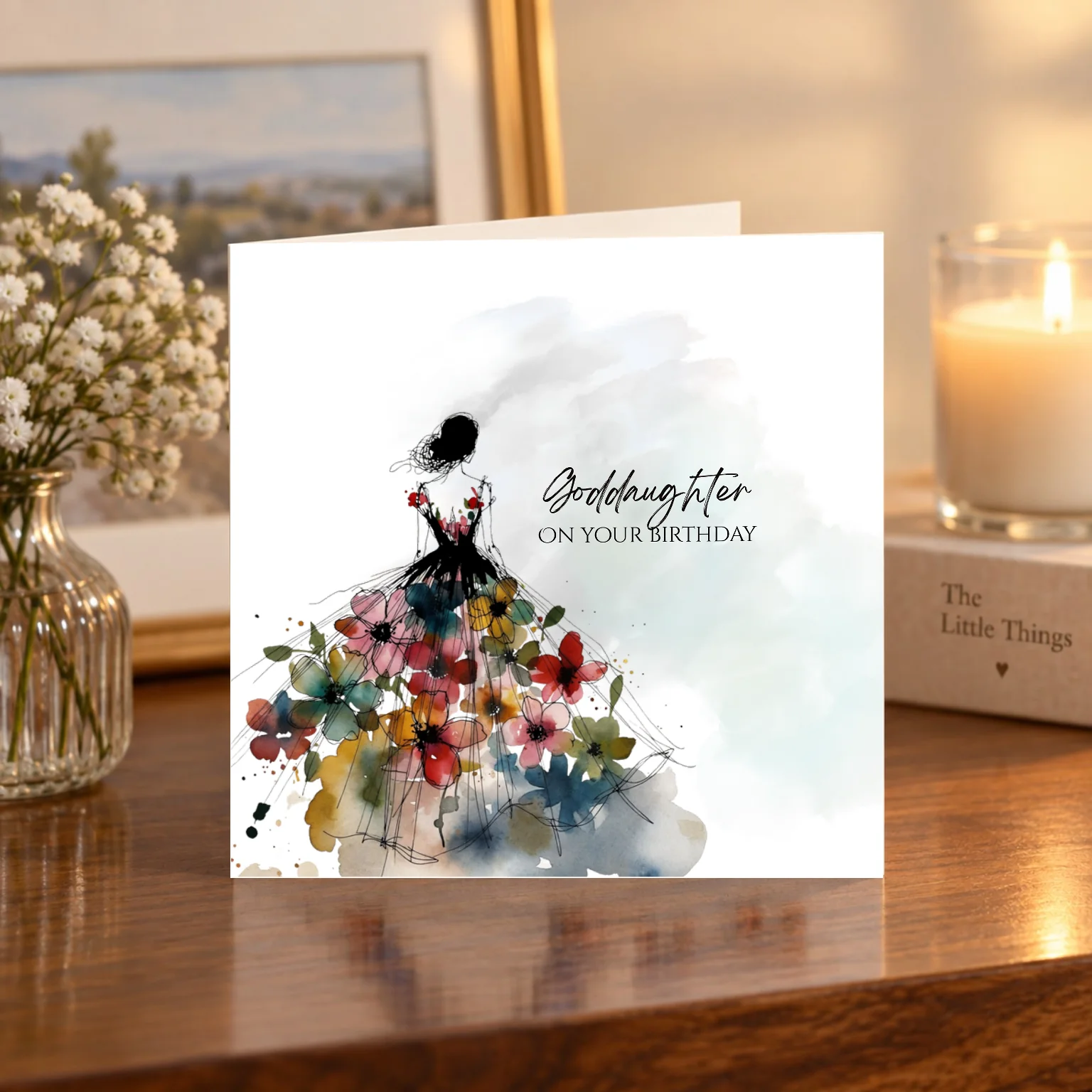 Goddaughter – On Your Birthday – Flower Dress card shelf mock-up