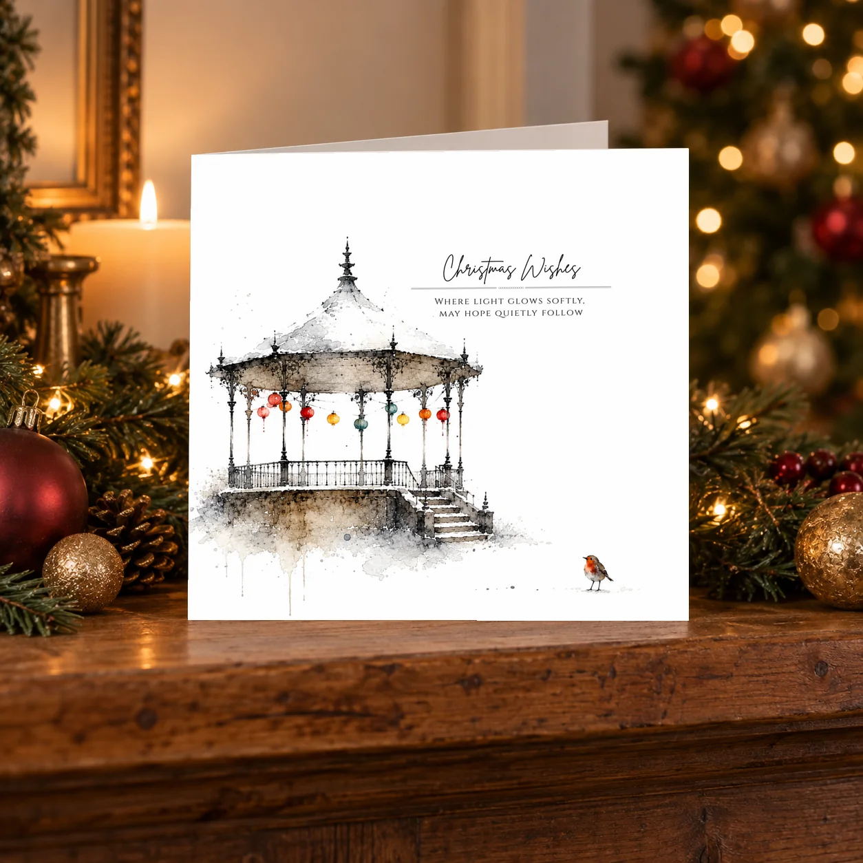 Christmas Wishes – Bandstand and Robin card shelf mock-up