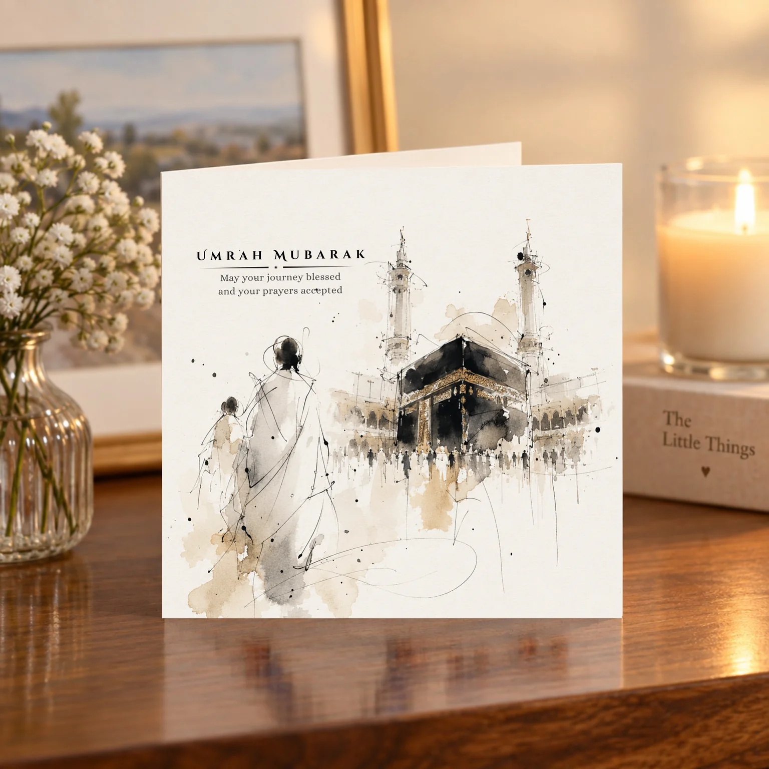 Umrah Mubarak card shelf mock-up