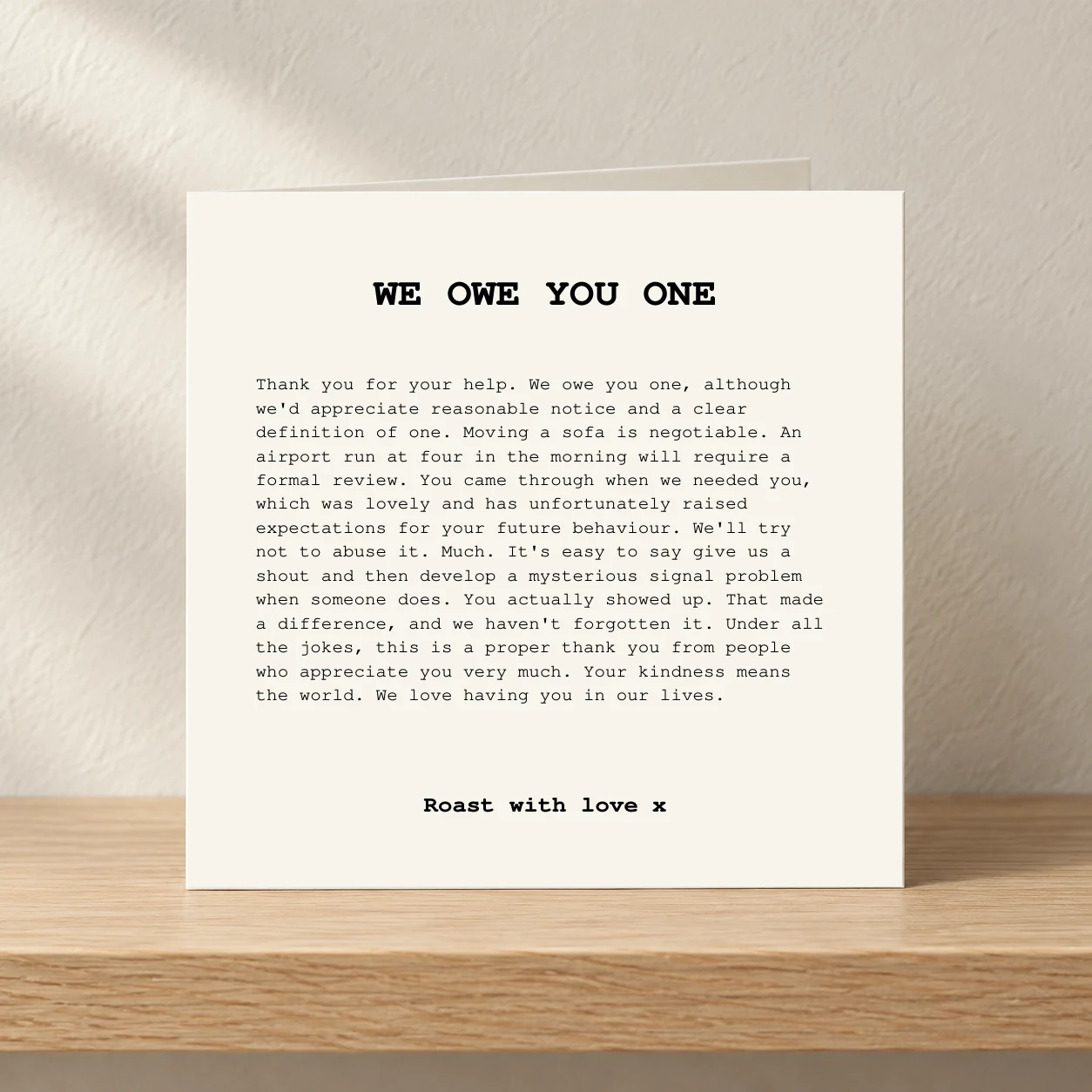 We Owe You One card shelf mock-up